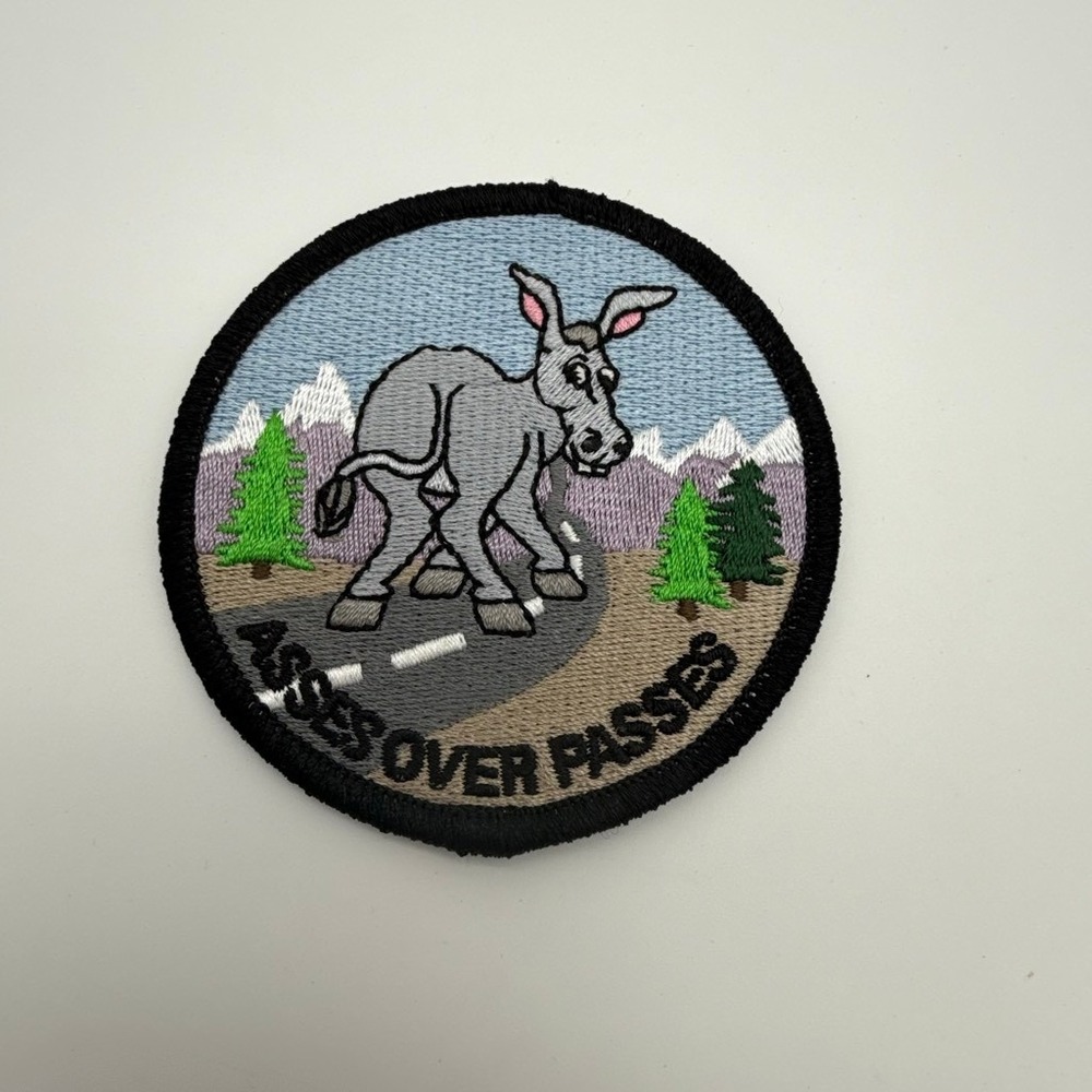 Asses Over Passes Embroidered Donkey Mountain Hiking Travel Patch Round 3 Inch
